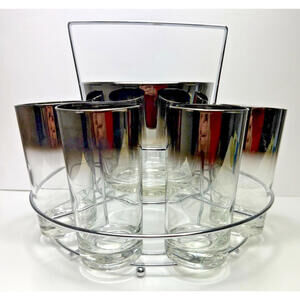 Vtg Silver Fade Ice Bucket Metal Caddy 6 Glasses Barware Set MCM Round